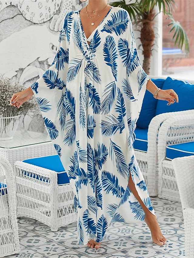  Γυναικεία Που καλύπτει Γραφική Φύλλο Στάμπα Λαιμόκοψη V Μακρύ Φόρεμα Μάξι Φόρεμα Χαβανέζα Διακοπές Παραλία 3/4 Μήκος Μανικιού Καλοκαίρι