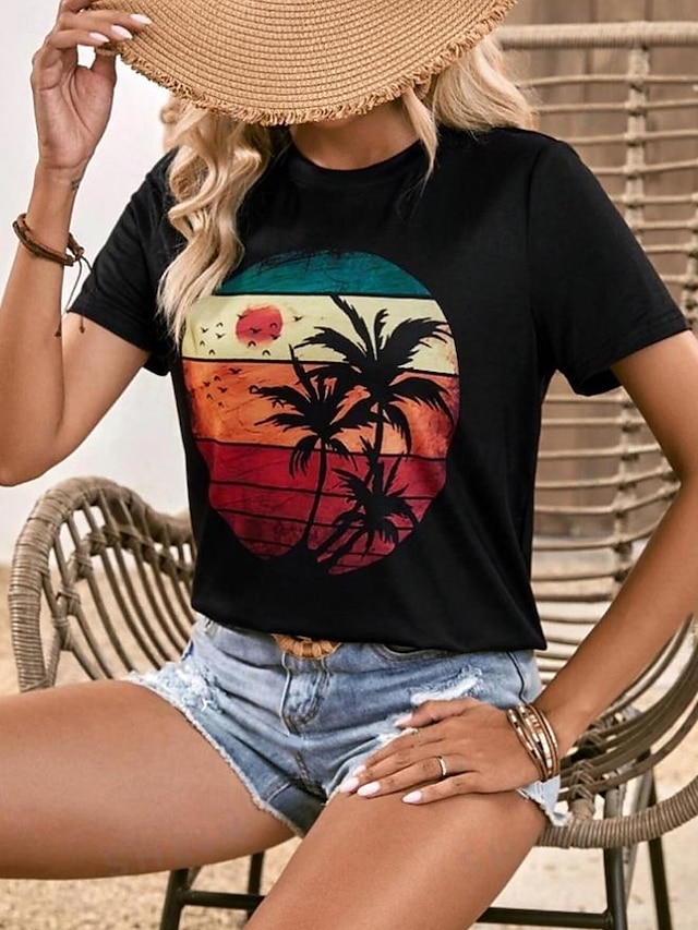  Dame T-shirt 100 % bomuld Grafisk Trykt mønster Afslappet Weekend Mode Hawaiiansk Kortærmet Rund hals Sort Sommer
