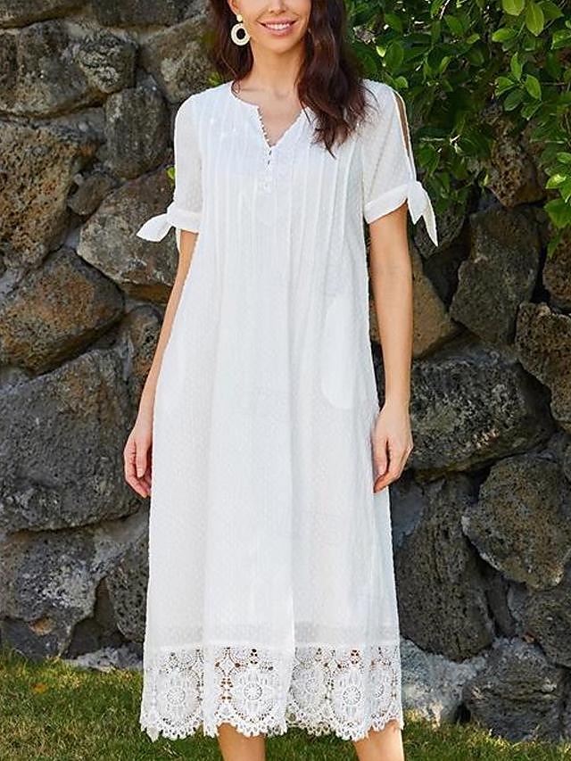  Mulheres Vestido branco Renda Patchwork Decote V Vestido midi Elegante Clássico Diário Férias Manga Curta Verão Primavera