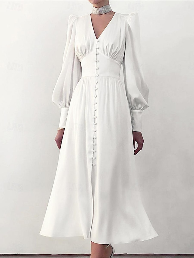  Női Fehér ruha Hosszú ruha Maxi ruha Gomb Randi Vakáció Utcai sikk Maxi V-alakú Hosszú ujj Fekete Fehér Arcpír rózsaszín Szín