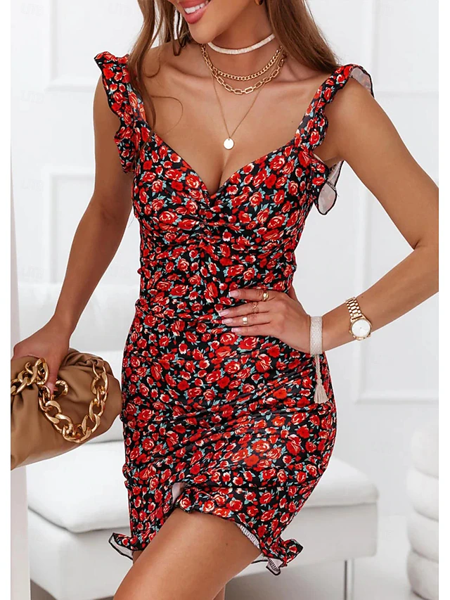 Women's Normal Midi Dress Bodycon Summer Dress Elegant Dress Ruffle Vacation Date Regular Fit Ditsy Floral Sleeveless V Neck White Wine Rusty Red Red Summer 13