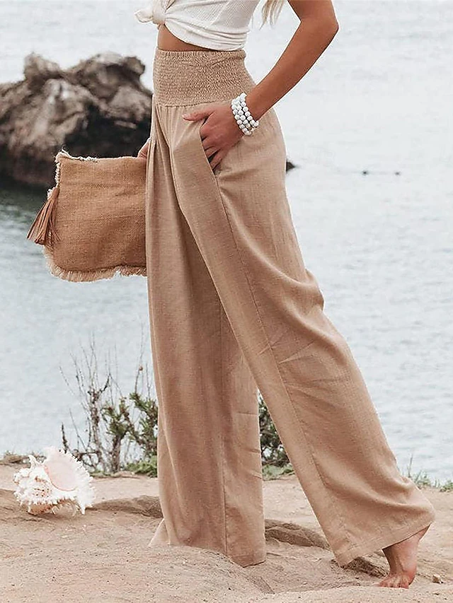 Women's Pants Fashion Basic Comfort Pure Color Pocket Elastic Waist Cotton Linen Pants Home Daily Long Pant Black White Pink Khaki Summer 19