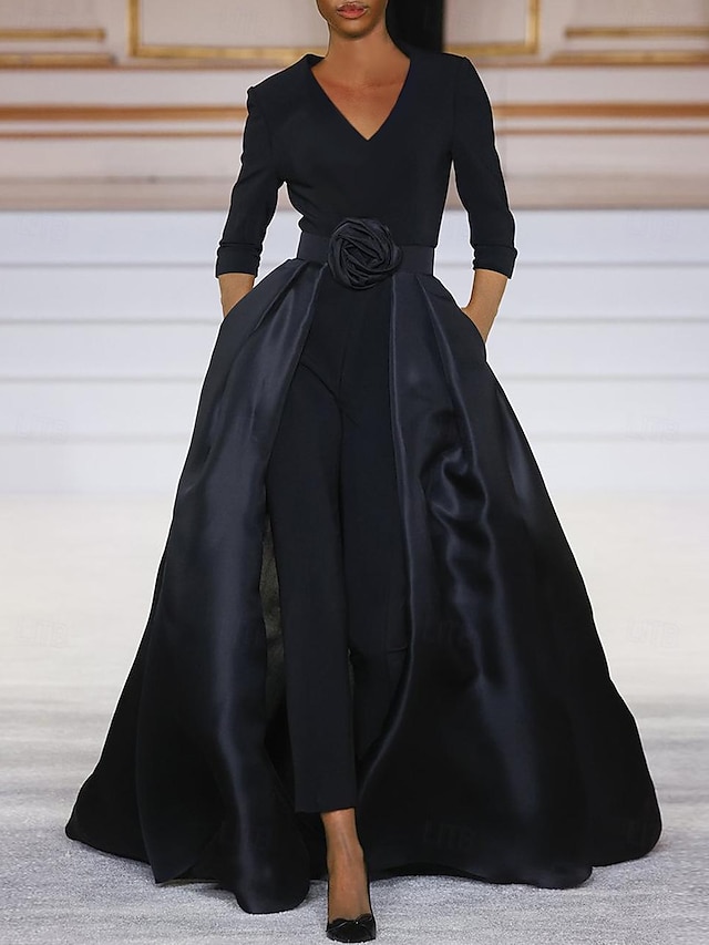  Hosenanzug Brautmutterkleid kleid hochzeitsgast Elegant Einfach Schwarzes Kleid V Ausschnitt Pinsel Schleppe Stretchstoff 3/4 Ärmel mit Einheitliche Farbe 2024