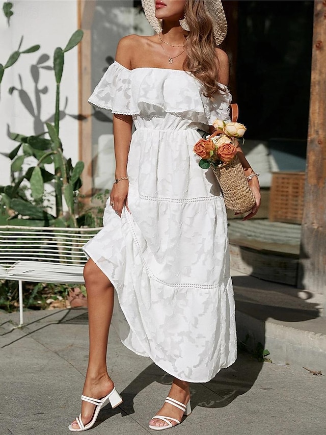  Γυναικεία Λευκό φόρεμα Μακρύ Φόρεμα Μάξι Φόρεμα Σιφόν Δαντέλα Με Βολάν Ημερομηνία Διακοπές Κομψό στυλ street Γραμμή Α Ώμοι Έξω Κοντομάνικο Μαύρο Λευκό Ανθισμένο Ροζ Χρώμα