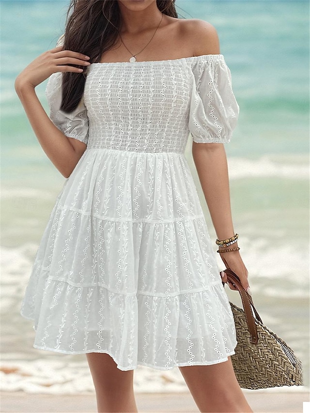  Per donna Vestito bianco Mini abito Cotone Schiena scoperta Appuntamento Da mare Streetwear Linea A Senza spalline Manica corta Bianco Colore
