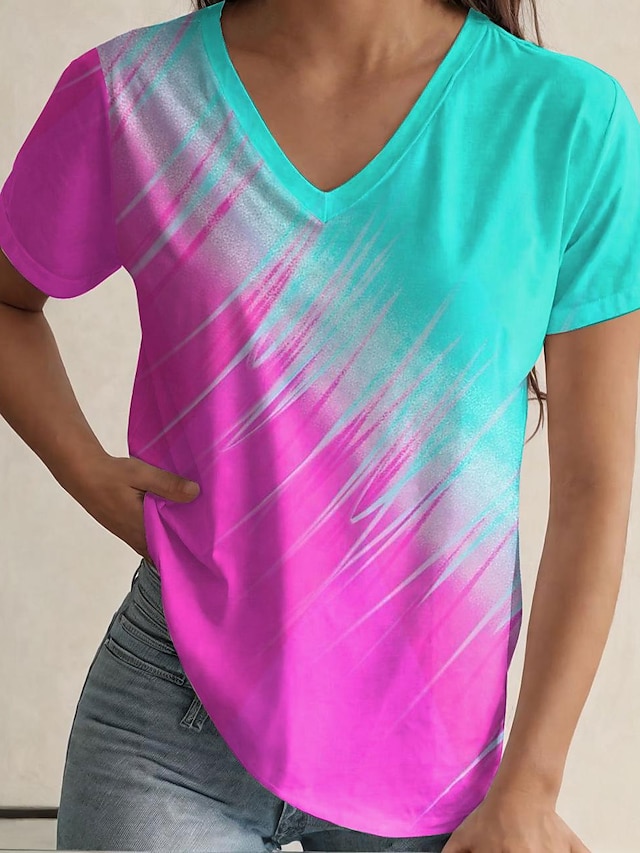  Women's T shirt Tee Ombre Color Gradient Home Casual Holiday Print Fuchsia Short Sleeve Stylish Casual V Neck Summer