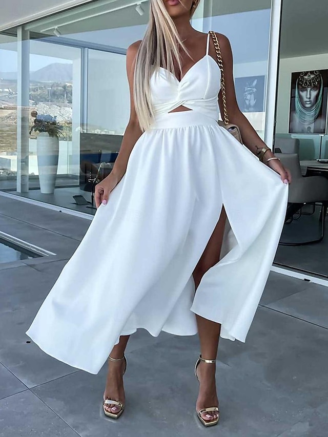  Γυναικεία Λευκό φόρεμα Μίντι φόρεμα Εξώπλατο Σκίσιμο Γάμου Πάρτι Ημερομηνία Γραμμή Α Τιράντες Αμάνικο Μαύρο Λευκό Ανθισμένο Ροζ Χρώμα