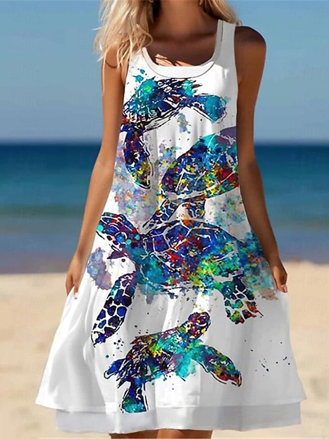  Mulheres Vestido casual Vestido Tipo Regata Longa Floral Gráfico Patchwork Imprimir Decote U Minivestido Férias Praia Sem Manga Verão