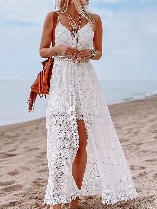 Women's Normal Romper Streetwear Solid Color Sleeveless V Neck Lace Patchwork Street Daily Regular Fit Black White Summer 10