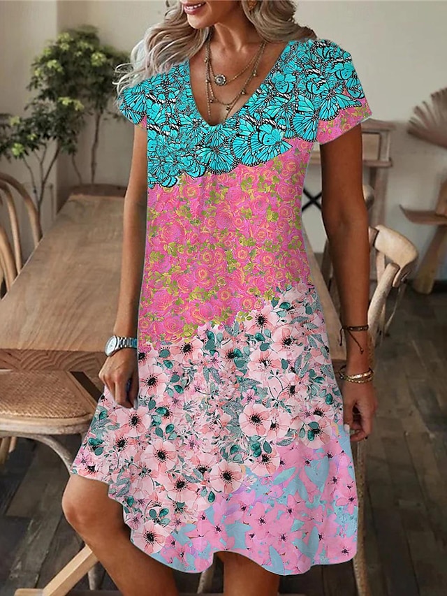  Γυναικεία Καθημερινό φόρεμα Φόρεμα σε γραμμή Α Γραφική Στάμπα Λαιμόκοψη V Μακρύ Φόρεμα Μάξι Φόρεμα Βασικό Σπίτι Διακοπές Κοντομάνικο Καλοκαίρι