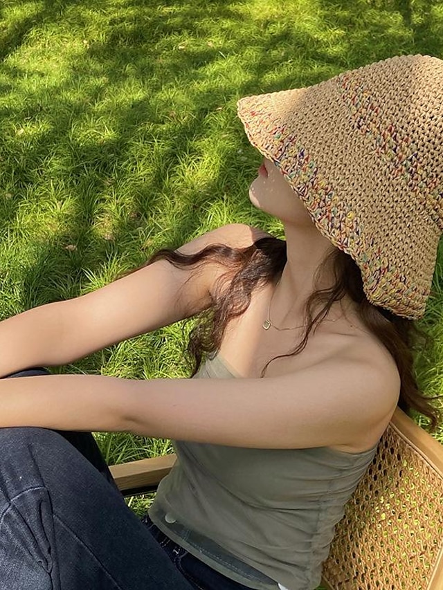  μπεζ/χακί boho βελονάκι ψάθινο καπέλο κουβά κλασικό μονόχρωμο αναπνεύσιμο καπέλα ηλίου vintage καπέλα ταξιδιού εξωτερικού χώρου για γυναίκες κορίτσια