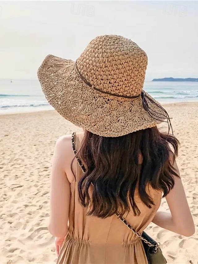  1pc Handmade Women's Foldable Straw Hat with Large Brim Breathable Mesh for Ultimate Sun Protection and Comfort on Vacation