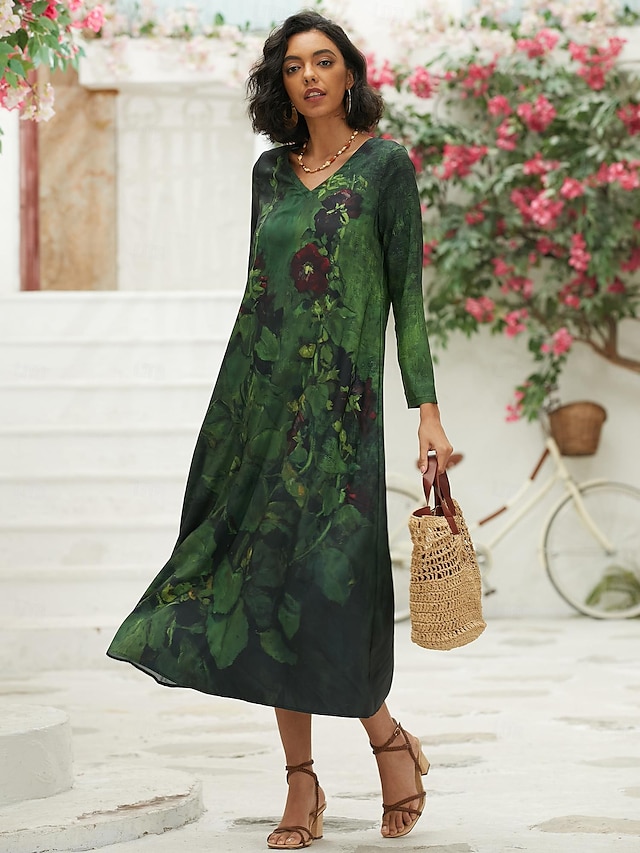  Women's Casual Dress Ethnic Dress Long Dress Maxi Dress Green 3/4 Length Sleeve Floral Print Summer Spring Fall V Neck Classic Vacation 2023 S M L XL XXL 3XL 4XL