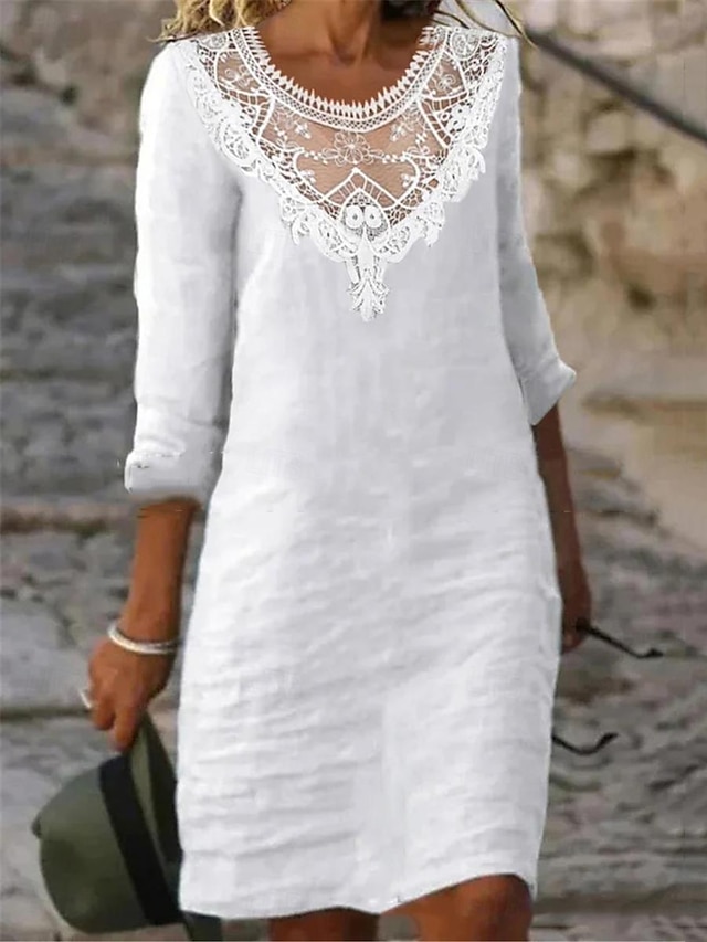  Γυναικεία Λευκό φόρεμα Καθημερινό φόρεμα Φόρεμα από βαμβακερό λινό Μίνι φόρεμα Δαντέλα Κουρελού Βασικό Καθημερινά Στρογγυλή Ψηλή Λαιμόκοψη 3/4 Μήκος Μανικιού Καλοκαίρι Άνοιξη Λευκό Σκέτο