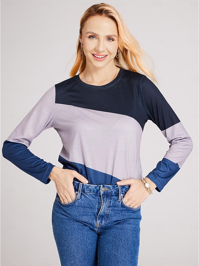  女性用 Tシャツ カラーブロック 日常 ベーシック 長袖 ラウンドネック レギュラートップス 日常 週末 プリント ピンク ブルー グリーン カーキ色 秋冬