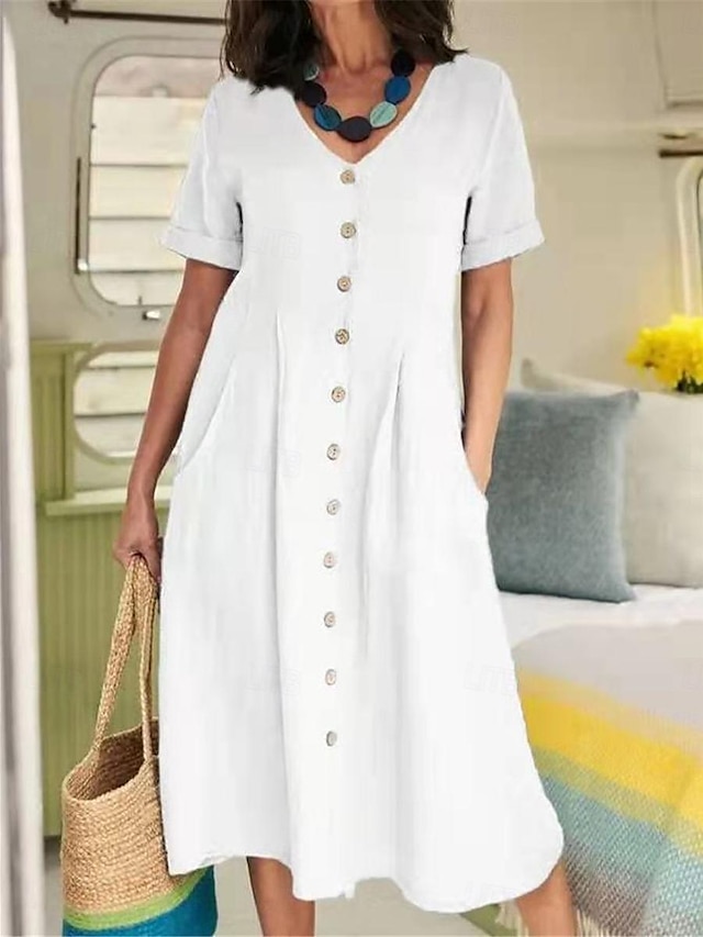  Damen Weißes Kleid Casual kleid Baumwoll-Leinenkleid Midikleid Taste Tasche Basic Täglich V Ausschnitt Kurzarm Sommer Frühling Armeegrün Schwarz Glatt