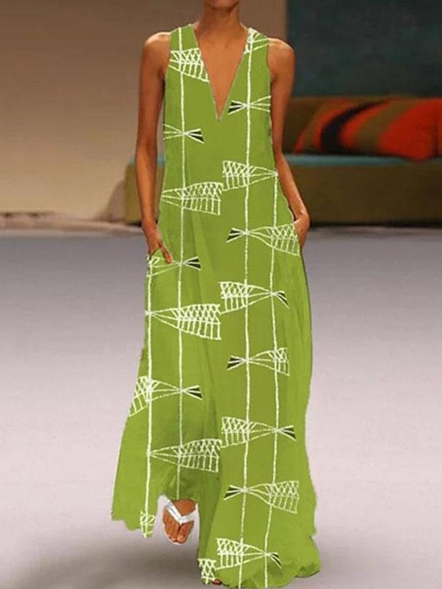  Γυναικεία Καθημερινό φόρεμα Στάμπα Στάμπα Λαιμόκοψη V Μακρύ Φόρεμα Μάξι Φόρεμα Χαβανέζα Σπίτι Διακοπές Αμάνικο Καλοκαίρι