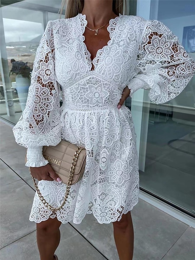  Dámské Bílé šaty Mini šaty Krajka s rukávem Dovolená Rande Elegantní A Do V Dlouhý rukáv Černá Bílá Fuchsiová Barva