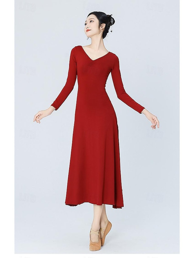  Latin Dance Ballroom Dance Dress Pure Color Women's Training Daily Wear Long Sleeve High POLY