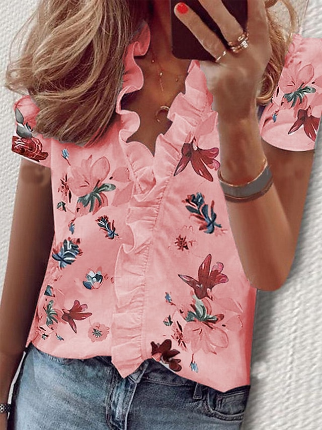  女性用 シャツ ブラウス フラワー ラッフル プリント カジュアル 祝日 ファッション 半袖 Ｖネック ホワイト 夏