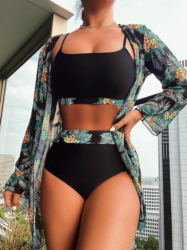  Women's Normal Pajamas Sexy Bodies Sets Floral Hot Sexy Holiday Home Bed Swimming Polyester Outdoor Stretchy Long Sleeve 3-Piece Summer Red Green