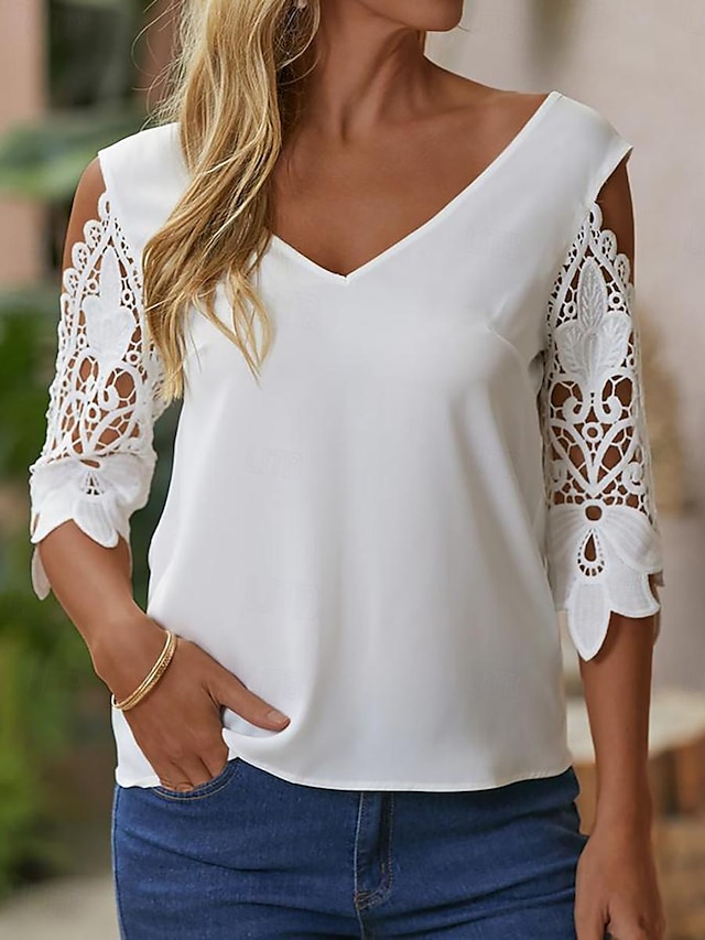  Damen Spitzenhemd Bluse Glatt Spitze Ausgeschnitten Täglich Wochenende Elegant Modisch Basic Halbe Ärmel V Ausschnitt Weiß