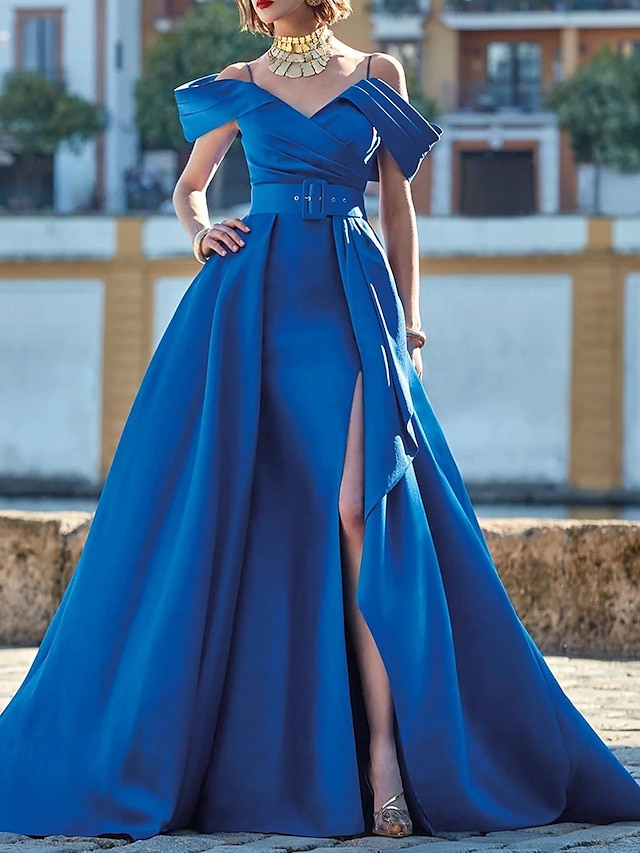  A-Line Evening Gown Elegant Dress Formal Floor Length Short Sleeve Off Shoulder Satin with Slit 2024