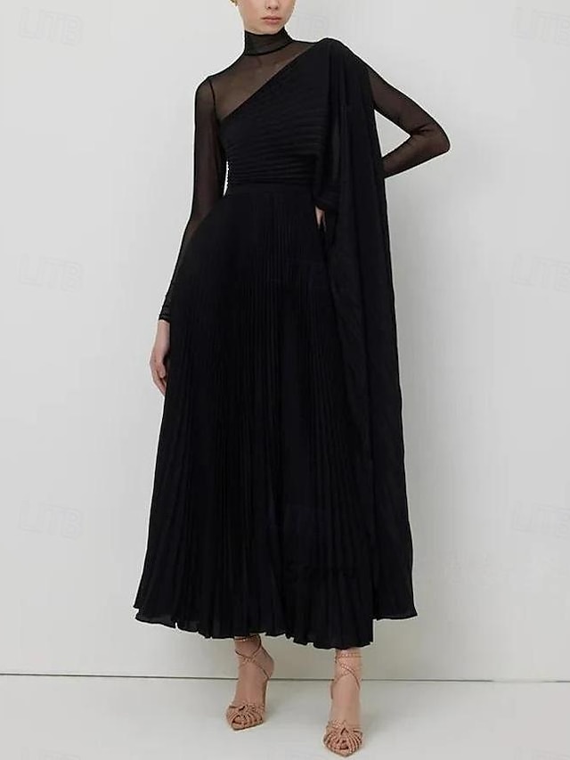  Black A-Line Evening Gown Elegant Dress Formal Ankle Length Long Sleeve High Neck Capes Stretch Chiffon with Shawl 2024