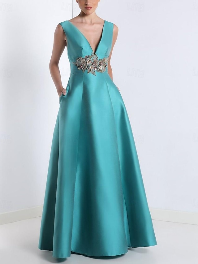  Robes de Prom A-Line Robe Élégante Formelle Prom Longueur de Sol Sans Manches V Col Poche Satin avec Appliqués