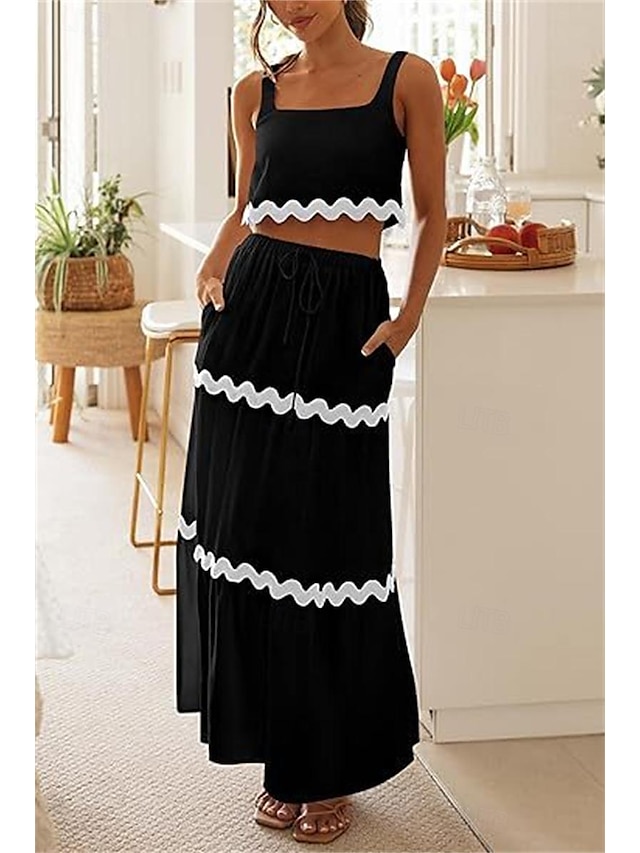  Mulheres Conjunto de vestido de duas peças Vestido casual conjunto de saia Vestido estampado Ao ar livre Encontro Moda Moderno Imprimir Vestido Longo Vestido Maxi Com Alças Sem Manga Listra Normal