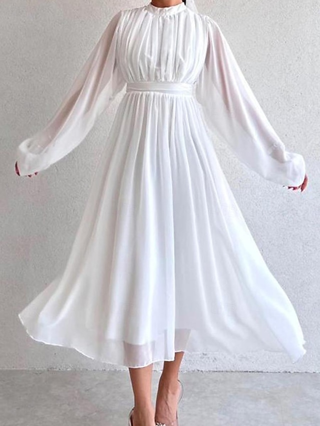  Mujer Vestido blanco vestido largo vestido largo Gasa Frunce Cita Elegante Ropa de calle Escote Chino Manga Larga Negro Blanco Rosa Color