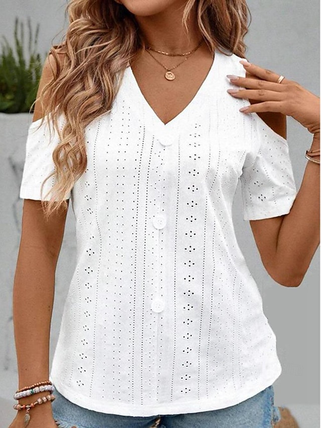  Hemd Bluse Öse oben Damen Weiß Glatt Ausgeschnitten Kalte Schulter Strasse Täglich Modisch V Ausschnitt Regular Fit S