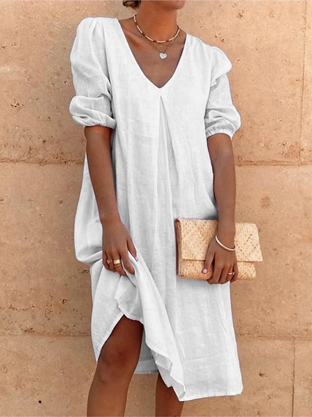  Women's White Dress Shirt Dress Cotton Linen Dress Midi Dress Ruched Basic Daily V Neck 3/4 Length Sleeve Summer Spring Black White Plain