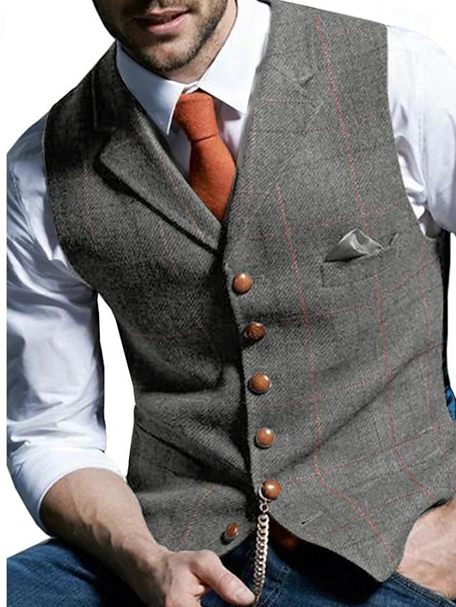 Men's Retro Vintage Vest Herringbone Tailored Fit Notch Single Breasted ...