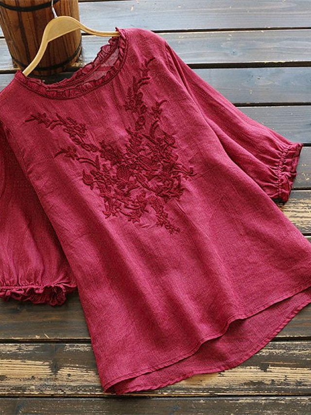  Per donna Camicia Camicia di lino Blusa Camicie di cotone e lino Tinta unica Moda Girocollo Streetwear Quotidiano Ricamato Bianco Giallo Rosso Verde Cachi Estate