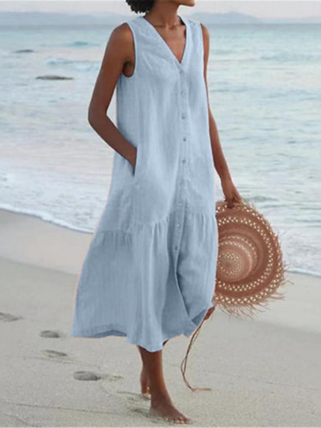  Mujer Vestido de lino de algodón Vestido de verano Vestido Midi Botón Bolsillo Casual Vacaciones Playa Escote en Pico Sin Mangas Verano Primavera Blanco Rosa Plano