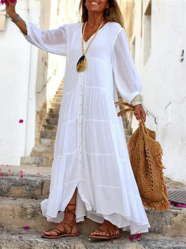 Women's White Yellow Blue Summer Spring Maxi long Dress Maxi Dress White Dress Shirt Dress Cotton Linen Dress Vacation Basic Modern Daily Weekend Loose Fit Plain V Neck 10