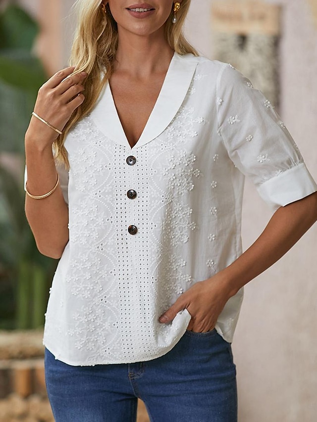  Women's Shirt Blouse White Eyelet Tops Floral Casual Button White Short Sleeve Elegant Vintage Fashion Shirt Collar