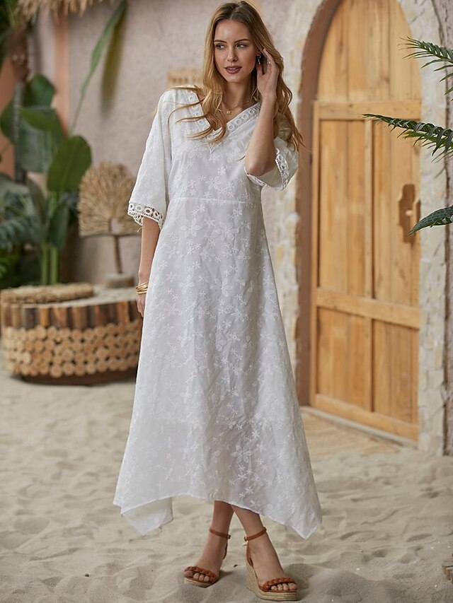 Women's White Dress Casual Dress Cotton Linen Dress Maxi long Dress ...