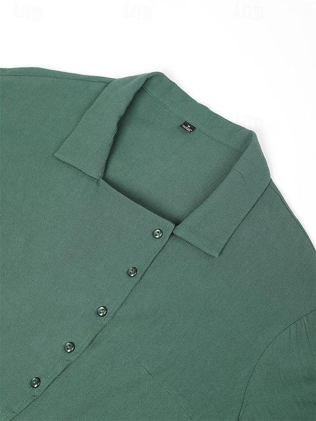 Women's Shirt Cotton Linen Plain Daily Weekend Button Blue Long Sleeve ...