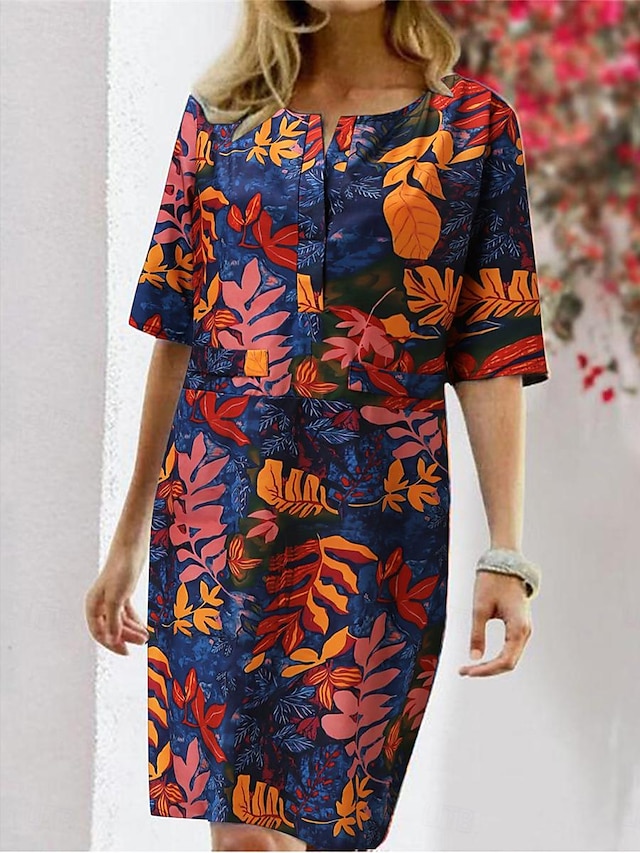  Women's Casual Dress Shift Dress Leaf Tropical Button Print Crew Neck Mini Dress Vacation Short Sleeve Summer