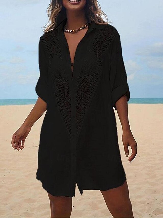  Dames Mini-jurk Linnen-geïnspireerde jurken Witte jurk Shirtjurk Bedekken Hawaii Vakantie Feestdagen Strand Ruim Passend Lange mouw Overhemdkraag Zwart Wit Zomer