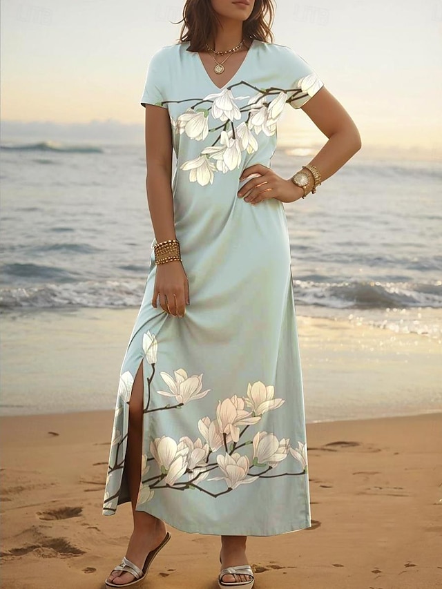  Women's Floral Print V Neck Split Sleeve Long Dress Maxi Dress Date Short Sleeve Summer