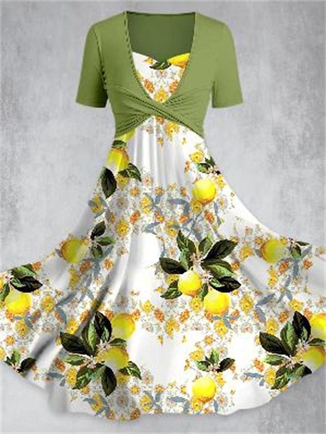  Women's Graphic Print V Neck Midi Dress Elegant Bohemia Date Vacation Short Sleeve Summer
