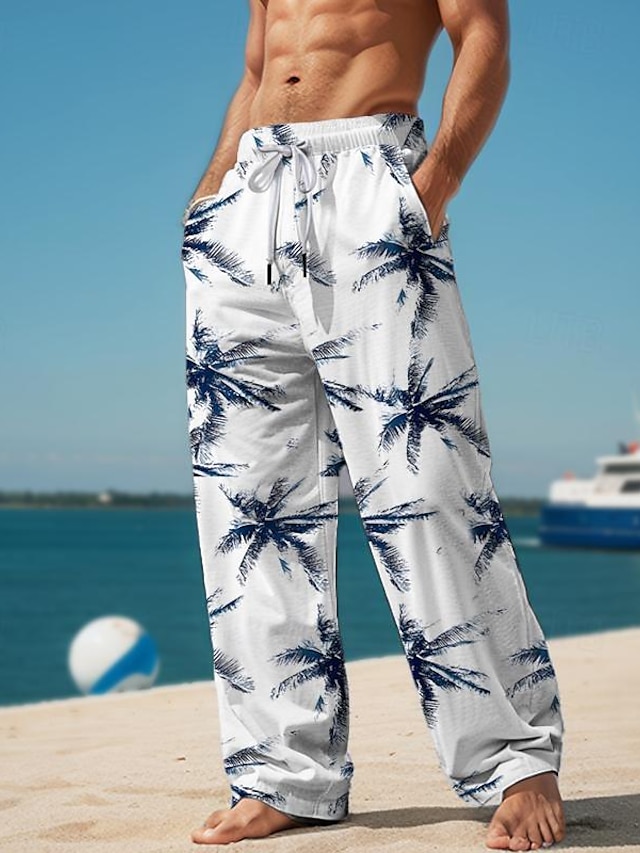  Palmetre Ferie 3D-trykk Hawaiisk Herre Sidelommer 3D-utskrift Elastisk snordesign Bukser Bukser med rett ben utendørs Hawaiisk Ferie Polyester Navyblå Brun Grønn S M L Middels midje Elastisitet Bukser