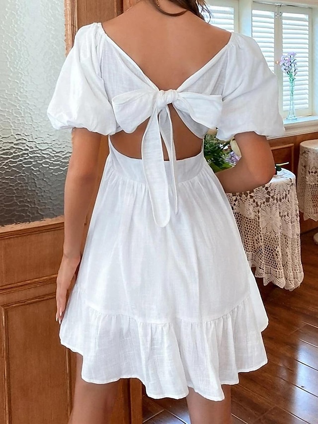  Damen Weißes Kleid Minikleid Rückenfrei Schleife Verabredung Urlaub Strassenmode A-Linie Quadratischer Ausschnitt Kurzarm Schwarz Weiß Farbe