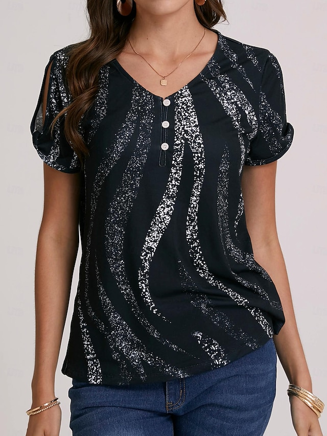  Damen T Shirt Graphic Täglich Wochenende Taste Ausgeschnitten Bedruckt Schwarz Kurzarm Basic V Ausschnitt