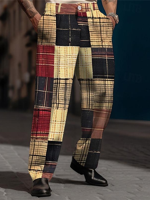  Xadrez negócios casual masculino impressão 3d calças calças calças ao ar livre rua wear para trabalhar poliéster cáqui cinza s m l calças de alta elasticidade