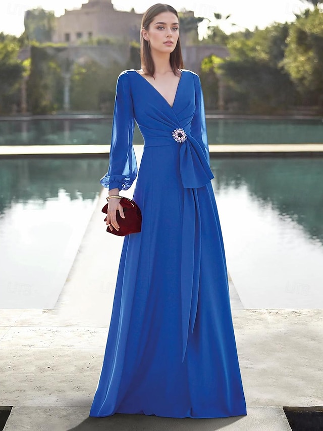  A-Line Wedding Guest Dresses Elegant Dress Formal Wedding Guest Floor Length Long Sleeve V Neck Chiffon with Crystals Strappy 2024