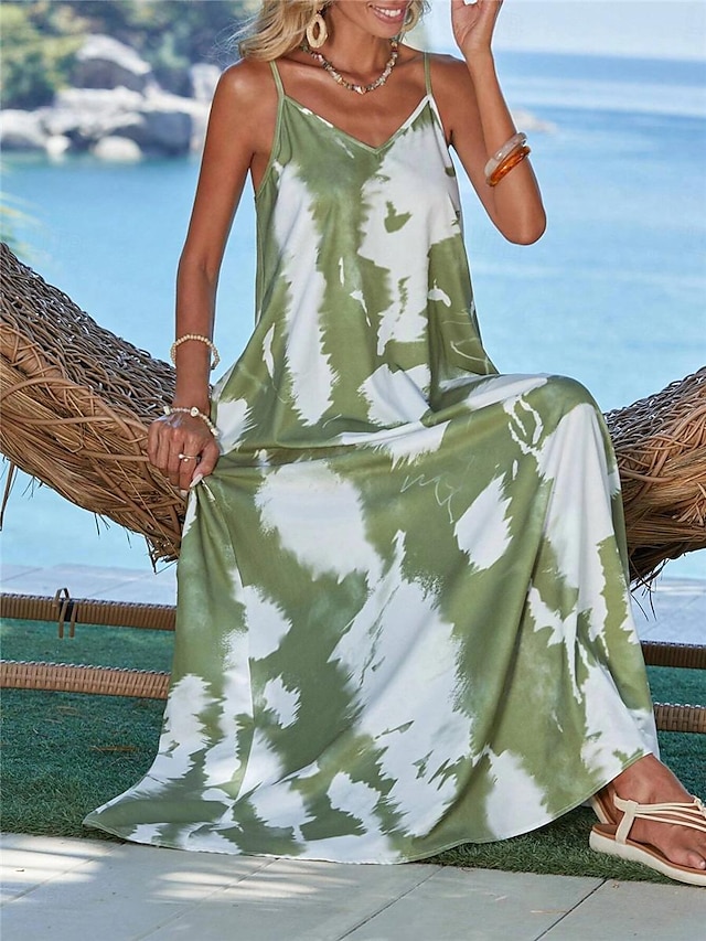  Women's Casual Dress Slip Dress Graffiti Backless Print Strap Long Dress Maxi Dress Vacation Beach Sleeveless Summer